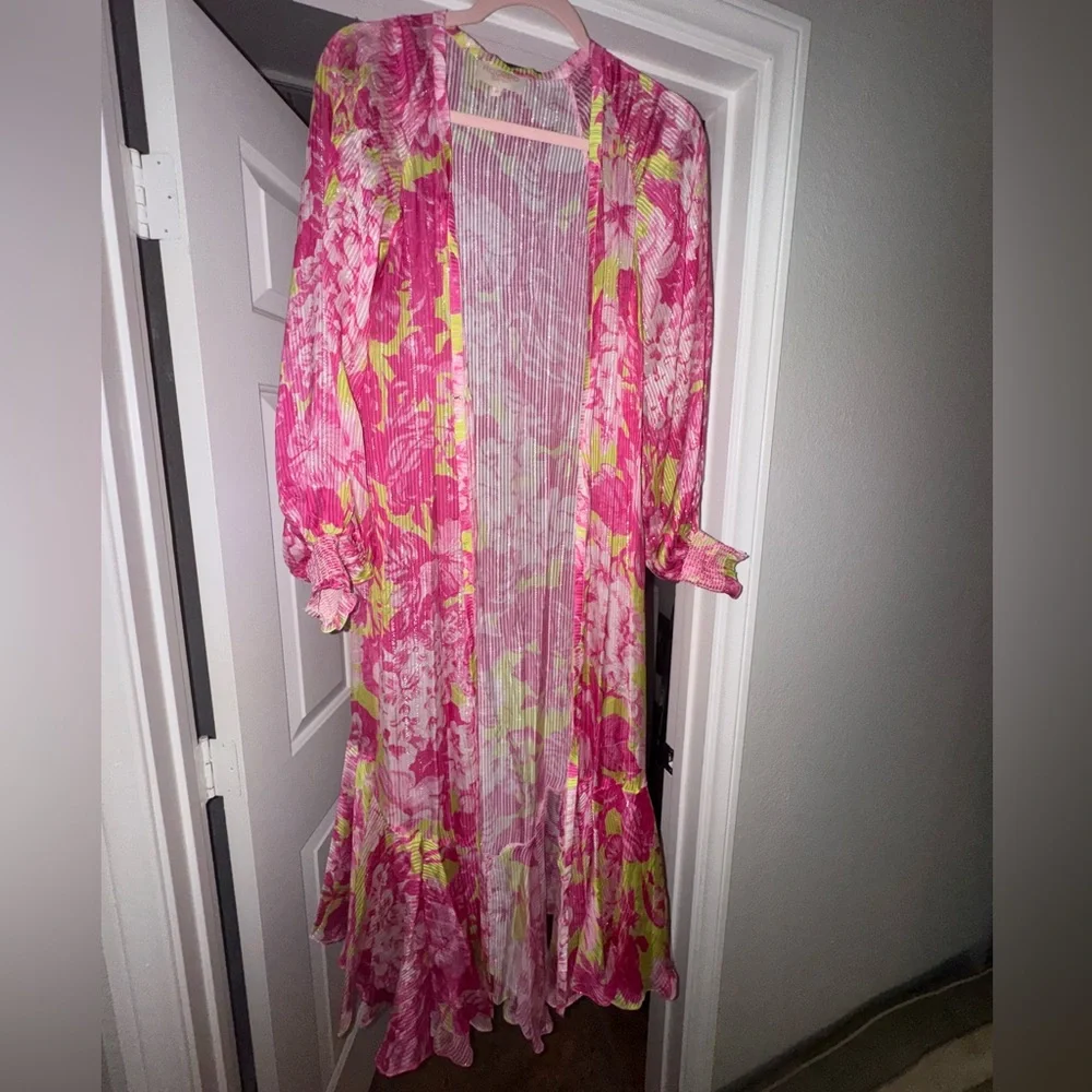 ROCCO SAND ziba coverup kimono neon pink and Green Long floral size XS - Picture 7 of 14